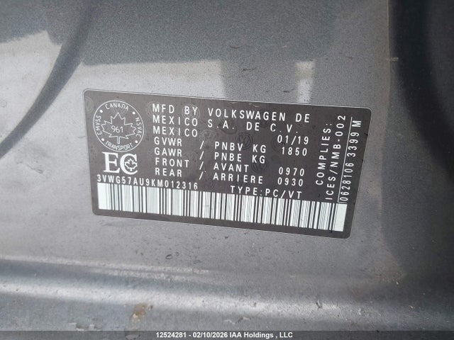 3VWG57AU9KM012316 Volkswagen Golf 1.4 Tsi Comfortline/1.4 Tsi Execline/1.4 Tsi Highline