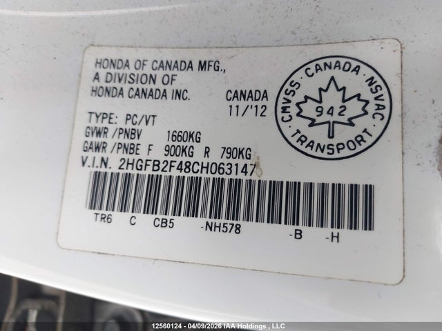 Aukcja sprzedaży 2012 Honda Civic, vin: 2HGFB2F48CH063147, numer aukcji: 12560124