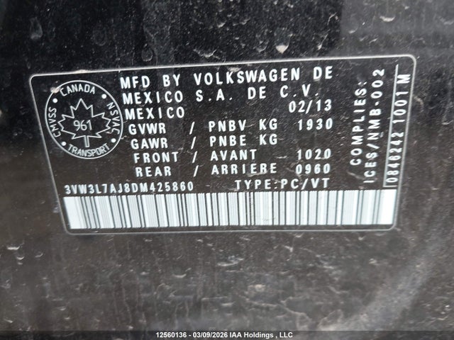 Aukcja sprzedaży 2013 Volkswagen Jetta, vin: 3VW3L7AJ8DM425860, numer aukcji: 12560136