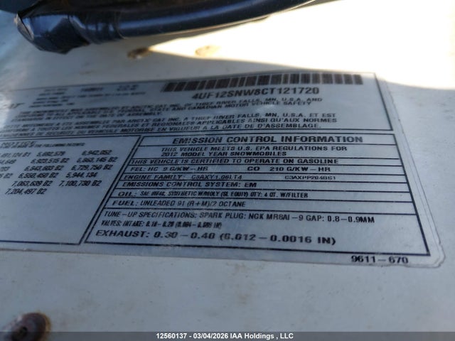 2012 Arctic Cat  მანქანა იყიდება აუქციონზე, vin: 4UF12SNW8CT121720, აუქციონის ნომერი: 12560137