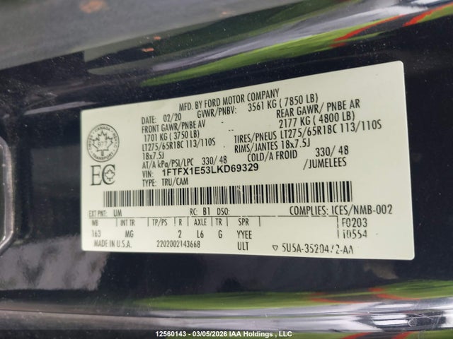 12560143 :رقم المزاد ، 1FTFX1E53LKD69329 vin ، 2020 Ford F150 Super Cab مزاد بيع