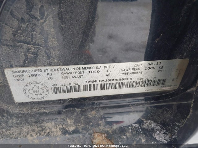 12560160 :رقم المزاد ، 3VWML8AJ5BM689920 vin ، 2011 Volkswagen Jetta Tdi مزاد بيع