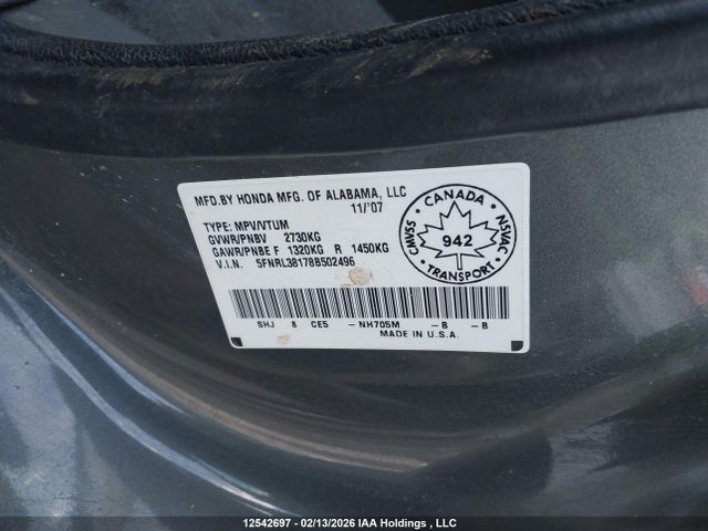 Aukcja sprzedaży 2008 Honda Odyssey Lx, vin: 5FNRL38178B502496, numer aukcji: 12542697
