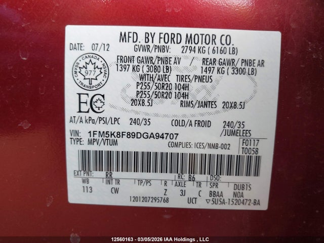 Aukcja sprzedaży 2013 Ford Explorer Limited, vin: 1FM5K8F89DGA94707, numer aukcji: 12560163