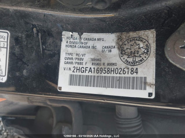 2008 Honda Civic Ex-l მანქანა იყიდება აუქციონზე, vin: 2HGFA16958H026184, აუქციონის ნომერი: 12560166