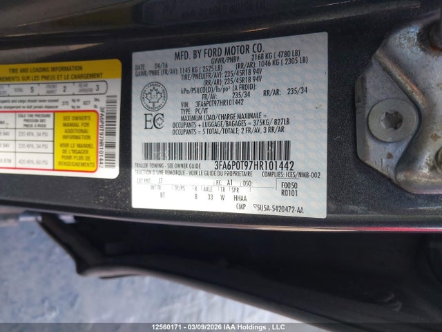 Aukcja sprzedaży 2017 Ford Fusion Se, vin: 3FA6P0T97HR101442, numer aukcji: 12560171