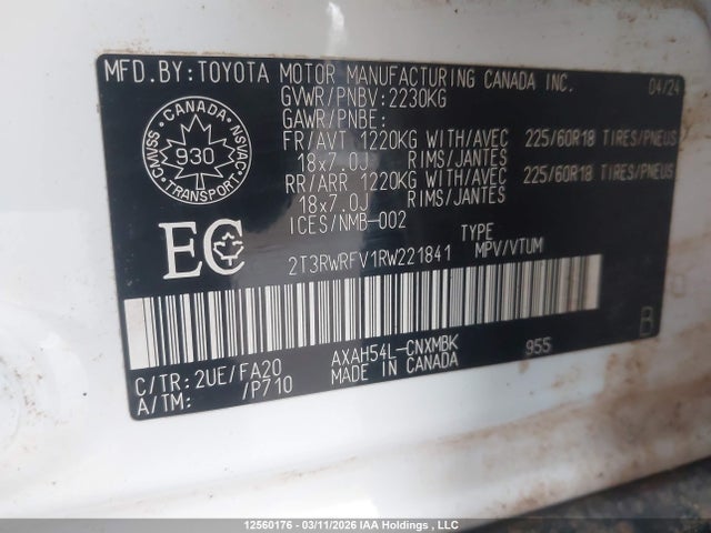 12560176 :رقم المزاد ، 2T3RWRFV1RW221841 vin ، 2024 Toyota Rav4 Hybrid Xle مزاد بيع