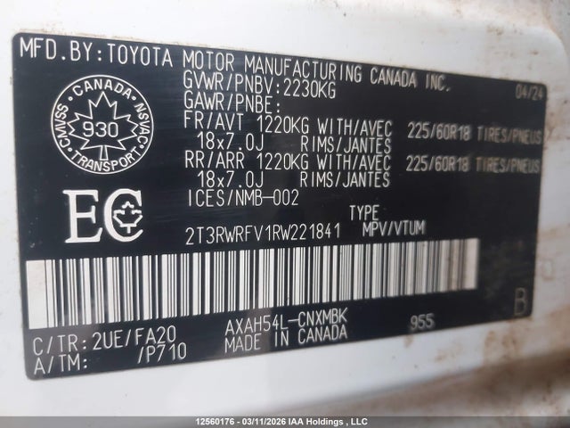 12560176 :رقم المزاد ، 2T3RWRFV1RW221841 vin ، 2024 Toyota Rav4 Hybrid Xle مزاد بيع
