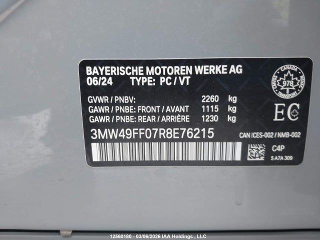 12560180 :رقم المزاد ، 3MW49FF07R8E76215 vin ، 2024 Bmw M340xi مزاد بيع