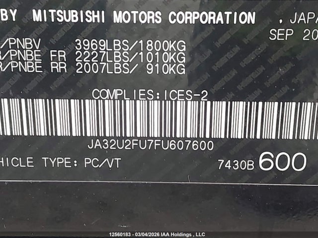 Продажа на аукционе авто 2015 Mitsubishi Lancer Gt/se, vin: JA32U2FU7FU607600, номер лота: 12560183