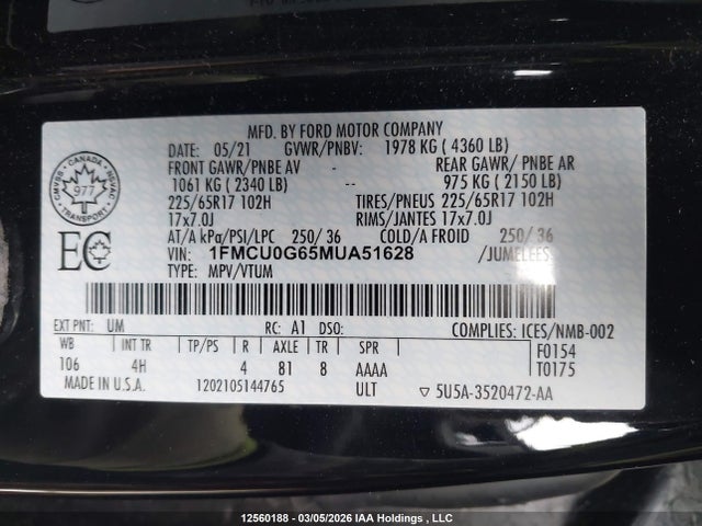 1FMCU0G65MUA51628 Ford ESCAPE SE