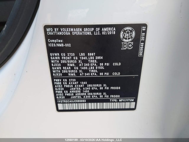 12560189 :رقم المزاد ، 1V2TR2CA0JC555953 vin ، 2018 Volkswagen Atlas مزاد بيع