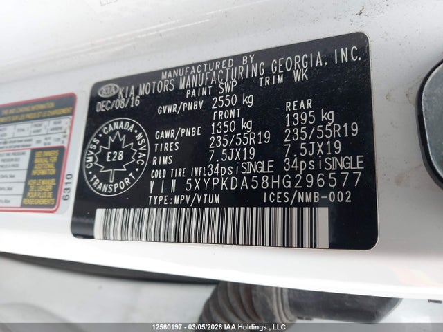 5XYPKDA58HG296577 KIA Sorento 3.3l Sx/3.3l Sx+