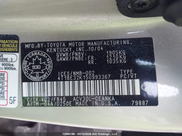 12560198 :رقم المزاد ، 4T1BE32K15U993367 vin ، 2005 Toyota Camry Le/xle/se مزاد بيع