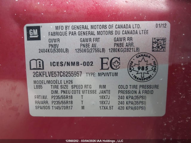 12560202 :رقم المزاد ، 2GKFLVE57C6255957 vin ، 2012 Gmc Terrain Slt-1 مزاد بيع