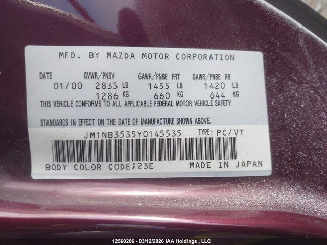 Aukcja sprzedaży 2000 Mazda Miata, vin: JM1NB3535Y0145535, numer aukcji: 12560206