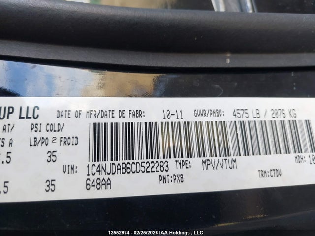 Продаж на аукціоні авто 2012 Jeep Compass Sport/north, vin: 1C4NJDAB6CD522283, номер лоту: 12552974