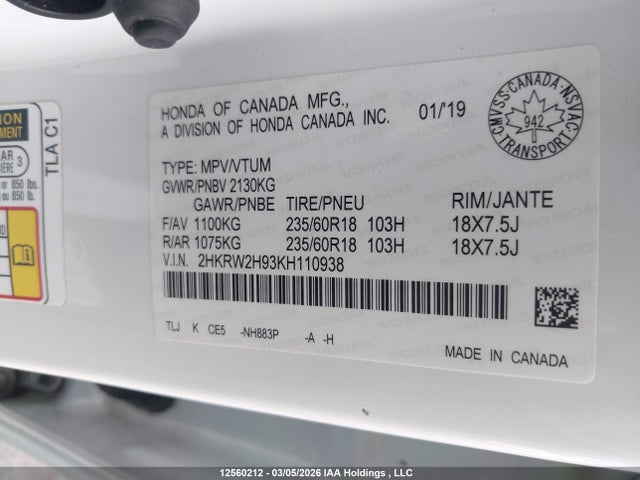 2HKRW2H93KH110938 Honda Cr-v Touring