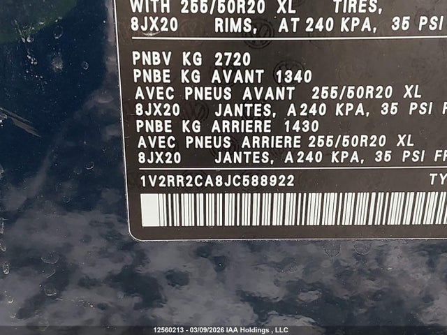 Продажа на аукционе авто 2018 Volkswagen Atlas Sel, vin: 1V2RR2CA8JC588922, номер лота: 12560213