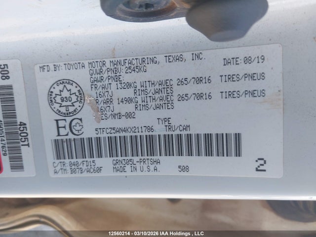 5TFCZ5AN4KX211786 Toyota Tacoma Double Cab/sr/sr5/trd Sport/trd Off Road/trd Pro