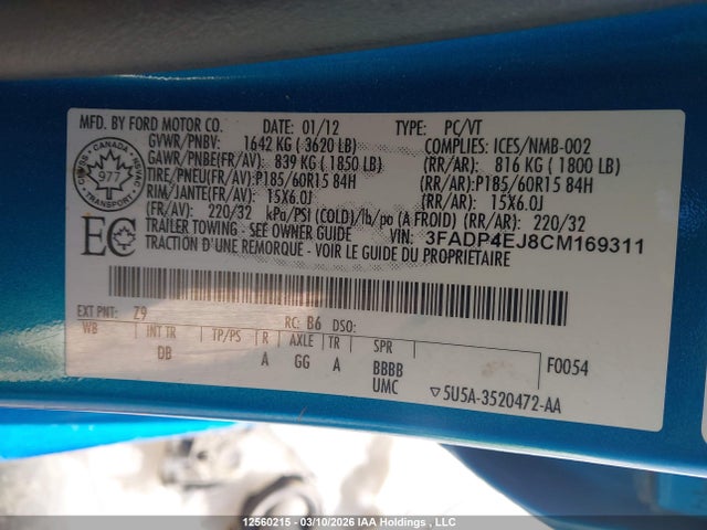 2012 Ford Fiesta Se მანქანა იყიდება აუქციონზე, vin: 3FADP4EJ8CM169311, აუქციონის ნომერი: 12560215