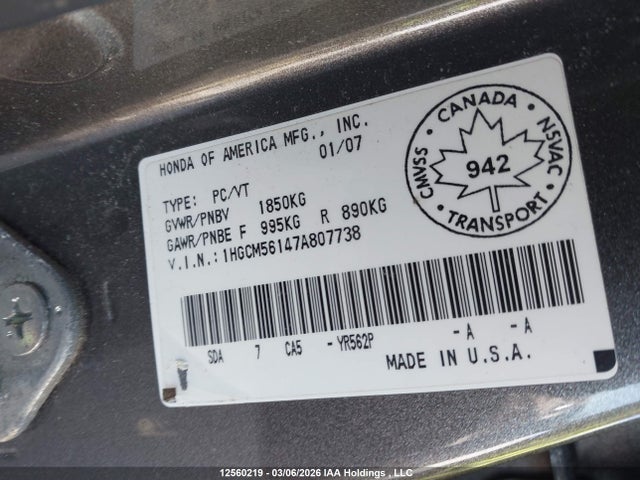 Продаж на аукціоні авто 2007 Honda Accord Value, vin: 1HGCM56147A807738, номер лоту: 12560219