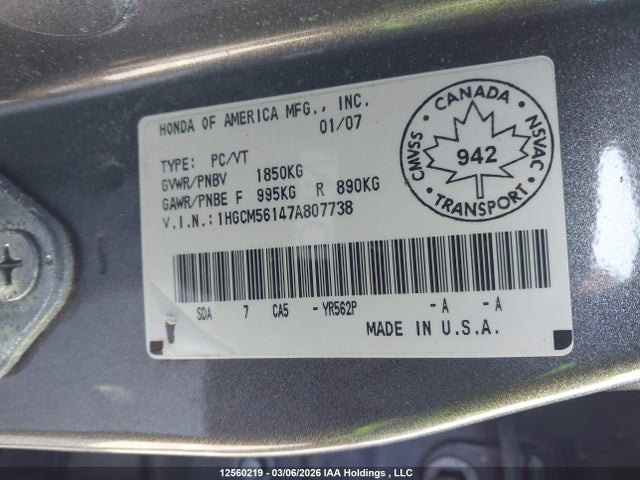 Продаж на аукціоні авто 2007 Honda Accord Value, vin: 1HGCM56147A807738, номер лоту: 12560219