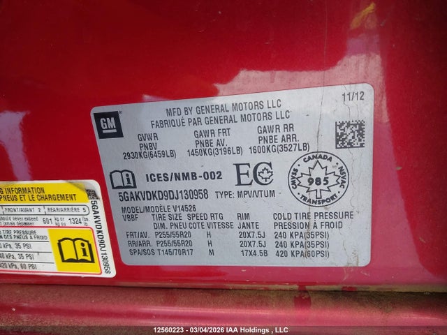 Auction sale of the 2013 Buick Enclave Premium, vin: 5GAKVDKD9DJ130958, lot number: 12560223