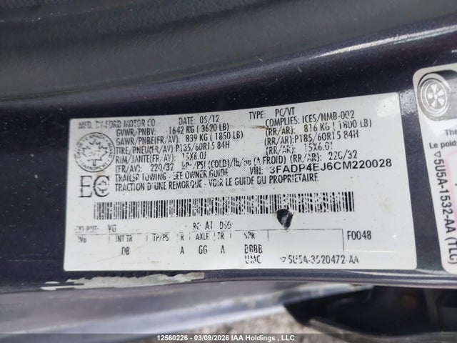 Aukcja sprzedaży 2012 Ford Fiesta Se, vin: 3FADP4EJ6CM220028, numer aukcji: 12560226