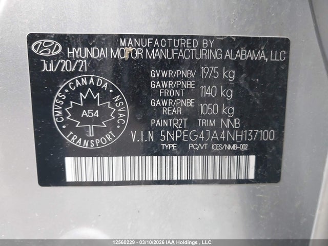 2022 Hyundai Sonata Se მანქანა იყიდება აუქციონზე, vin: 5NPEG4JA4NH137100, აუქციონის ნომერი: 12560229