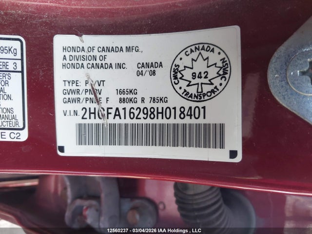 2008 Honda Civic Dx მანქანა იყიდება აუქციონზე, vin: 2HGFA16298H018401, აუქციონის ნომერი: 12560237