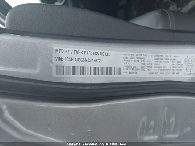 Продажа на аукционе авто 2021 Dodge Durango Gt, vin: 1C4RDJDG6MC642672, номер лота: 12560241