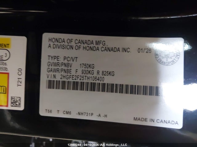 Продаж на аукціоні авто 2026 Honda Civic, vin: 2HGFE2F25TH106400, номер лоту: 12560244