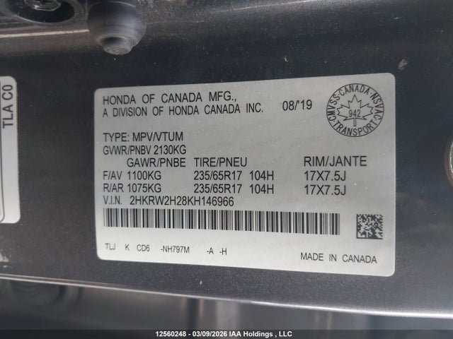12560248 :رقم المزاد ، 2HKRW2H28KH146966 vin ، 2019 Honda Cr-v Lx مزاد بيع