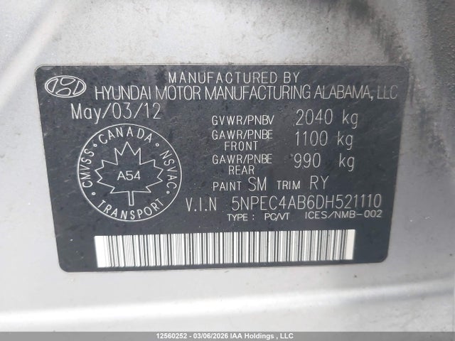 12560252 :رقم المزاد ، 5NPEC4AB6DH521110 vin ، 2013 Hyundai Sonata 2.0t Limited مزاد بيع