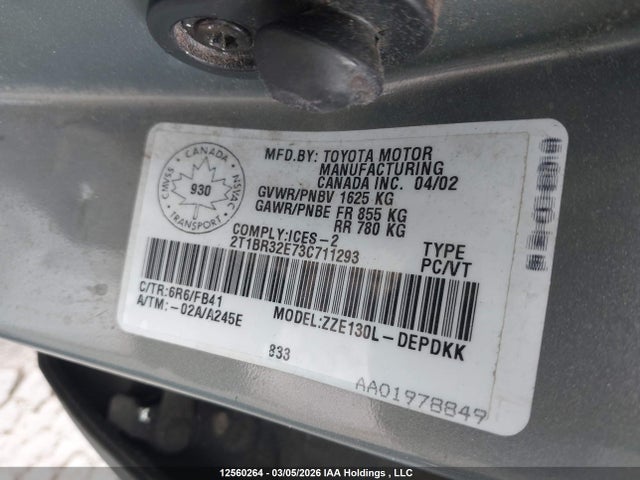 12560264 :رقم المزاد ، 2T1BR32E73C711293 vin ، 2003 Toyota Corolla Ce/le/sport مزاد بيع