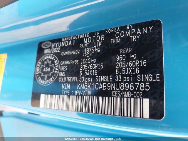 12560268 :رقم المزاد ، KM8K1CAB9NU896785 vin ، 2022 Hyundai Kona Se مزاد بيع