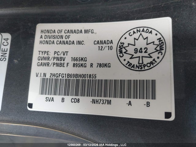 2011 Honda Civic Lx მანქანა იყიდება აუქციონზე, vin: 2HGFG1B69BH001855, აუქციონის ნომერი: 12560269