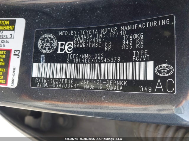 12560274 :رقم المزاد ، 2T1BU4EEXBC545978 vin ، 2011 Toyota Corolla S/le مزاد بيع