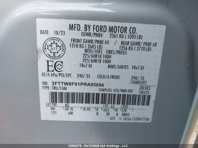 Aukcja sprzedaży 2023 Ford Maverick, vin: 3FTTW8F91PRA95694, numer aukcji: 12560279