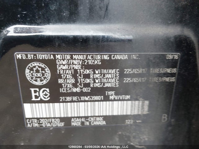 2T3BFREVXHW539801 Toyota RAV4 LE
