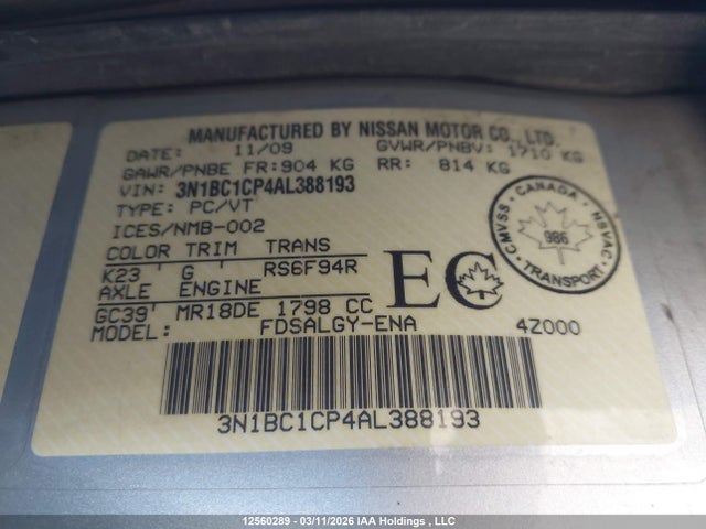 Aukcja sprzedaży 2010 Nissan Versa 1.8s, vin: 3N1BC1CP4AL388193, numer aukcji: 12560289