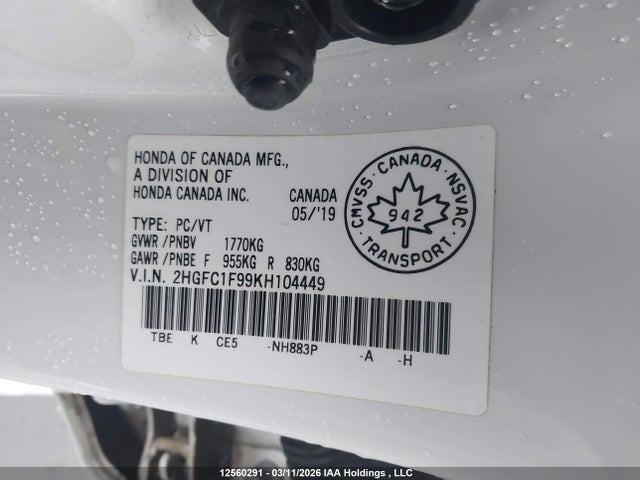 Продаж на аукціоні авто 2019 Honda Civic Touring, vin: 2HGFC1F99KH104449, номер лоту: 12560291