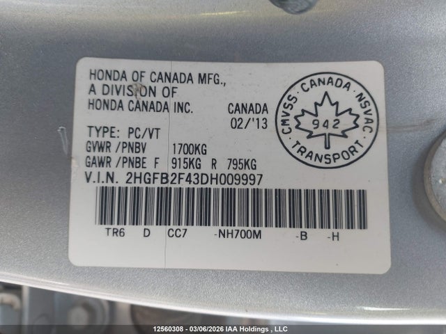 Aukcja sprzedaży 2013 Honda Civic Lx, vin: 2HGFB2F43DH009997, numer aukcji: 12560308