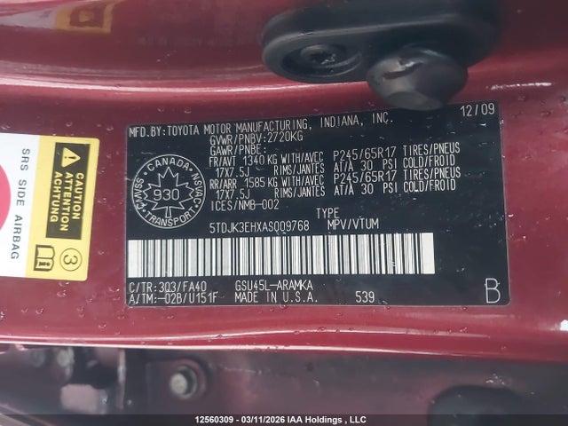 Aukcja sprzedaży 2010 Toyota Highlander, vin: 5TDJK3EHXAS009768, numer aukcji: 12560309