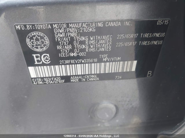 12560314 :رقم المزاد ، 2T3RFREV2FW335618 vin ، 2015 Toyota Rav4 Xle مزاد بيع