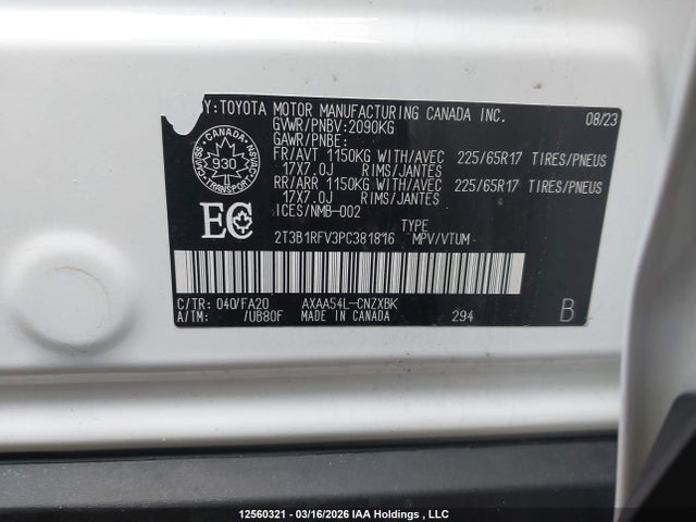 12560321 :رقم المزاد ، 2T3B1RFV3PC381816 vin ، 2023 Toyota Rav4 Le مزاد بيع