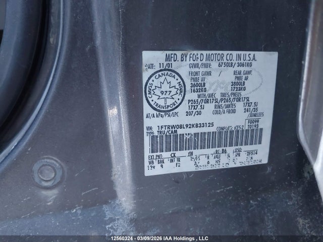 2002 Ford F150 Supercrew მანქანა იყიდება აუქციონზე, vin: 1FTRW08L92KB33125, აუქციონის ნომერი: 12560324