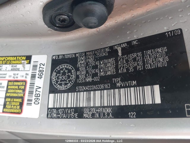 12560333 :رقم المزاد ، 5TDZK4CC0AS336163 vin ، 2010 Toyota Sienna Ce 7 Passenger مزاد بيع