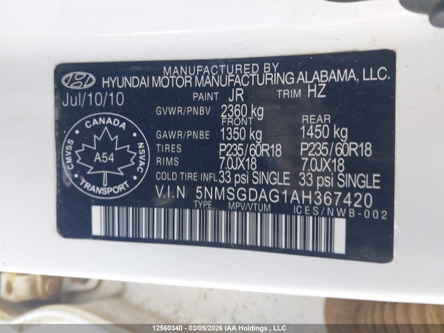 Aukcja sprzedaży 2010 Hyundai Santa Fe Limited 3.5, vin: 5NMSHDAG7AH410686, numer aukcji: 12560340